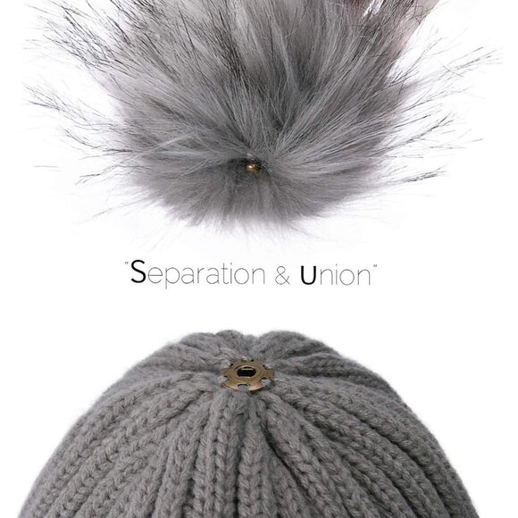 Women\'s Gray Winter Warm Knitted Beanie Faux Fur Pom Knit Skull Style Hat Cap